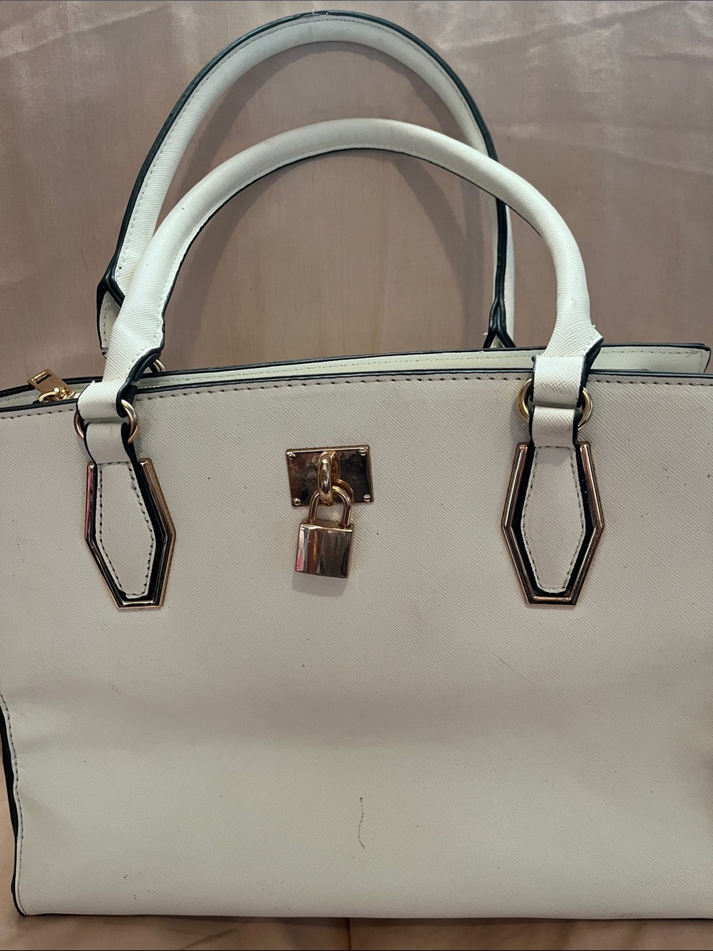 Structured White Satchel Handbag with Gold Lock Detail